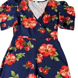 Fredes Floral Romper Navy Blue Wrap Front Short Sleeve Women's M‎